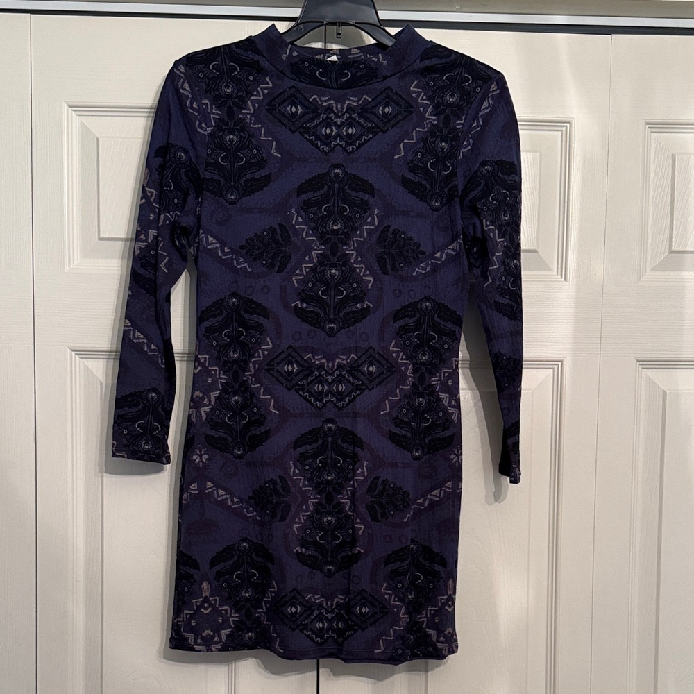 Free People Dark Purple Patterned Long Sleeve Mini Dress
